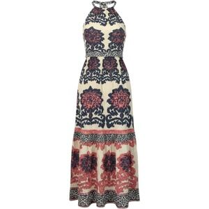 Ash & Eden Maxi Dress Cotton Block Print Halter Tiered Boho Coastal S